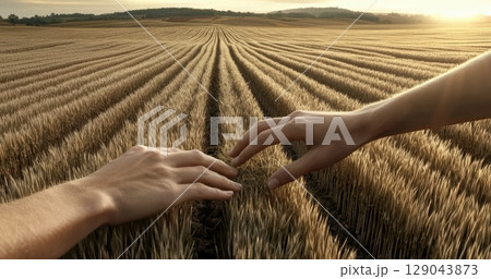 Hands Reaching Out Across a Beautiful Wheat Field at the Time of Sunset Moving Gracefully 129043873