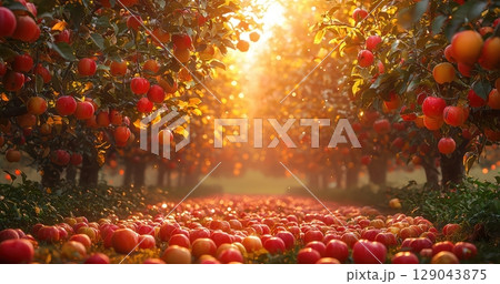 Experience the serene beauty of an Apple Orchard at Sunset, where everything harmonizes 129043875