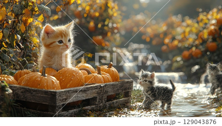Autumn Kittens Joyfully Playing Among Colorful Pumpkins in a Serene Harvest Scene 129043876