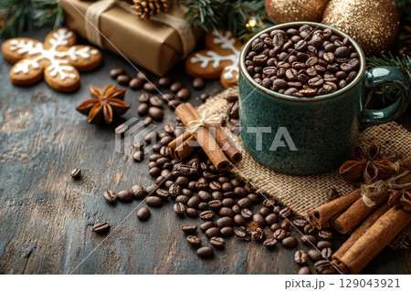 Enjoy a cozy coffee scene filled with delicious beans and aromatic spices for the holidays Enjoy a cozy coffee scene filled with delicious beans and aromatic spices for the holidays 129043921
