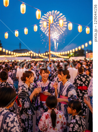 夏の夜を彩る花火大会と夏祭り、浴衣姿の人々の賑わい 129044156
