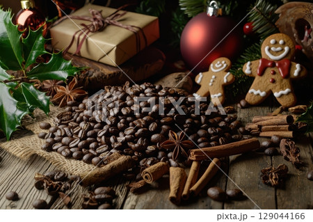 A Festive Coffee and Gingerbread Holiday Arrangement Perfect for Celebrations and Gatherings 129044166