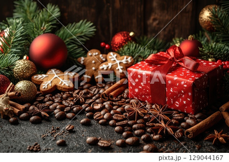 A festive Christmas scene filled with presents and decorated treats to celebrate the holiday 129044167