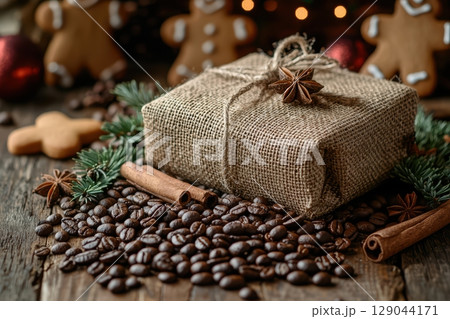 A Cozy Holiday Gift featuring Coffee Beans and Gingerbread Cookies to bring warmth and cheer A Cozy Holiday Gift featuring Coffee Beans and Gingerbread Cookies to bring warmth and cheer 129044171