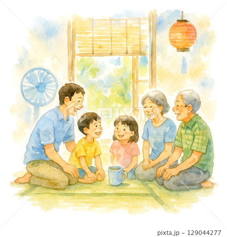 夏の和室で家族団らんを楽しむイラスト(帰省) 夏の和室で家族団らんを楽しむイラスト(帰省) 129044277