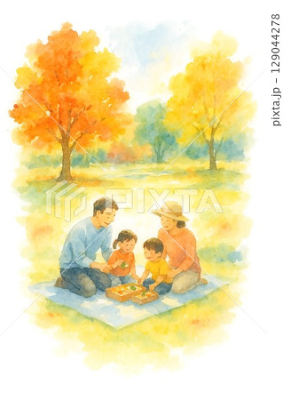 紅葉の中でピクニックを楽しむ家族のイラスト 紅葉の中でピクニックを楽しむ家族のイラスト 129044278