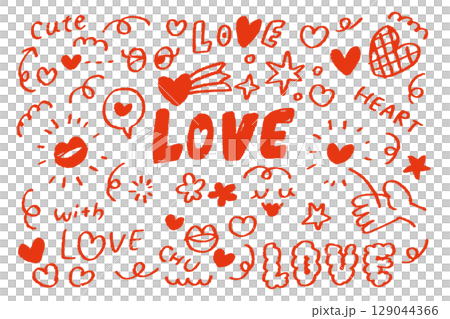 赤いクレヨン風の手描きハートとLOVE文字のラブリーモチーフセット。恋愛やバレンタインにぴったりのキ 129044366