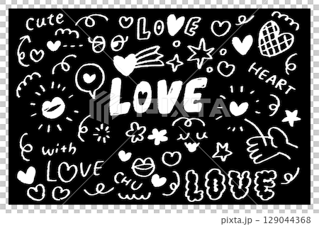 Lovely motif set of black and white crayon-style hand-drawn hearts and LOVE letters Lovely motif set of black and white crayon-style hand-drawn hearts and LOVE letters 129044368