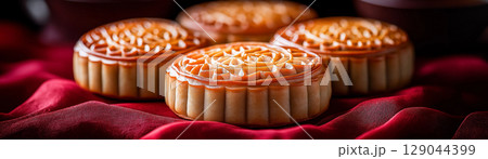 Mooncakes on red fabric close up, created with Generative AI technology Mooncakes on red fabric close up, created with Generative AI technology 129044399