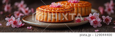 Mooncakes on a plate and pink flowers on a wooden background with space for text, created with Generative AI technology Mooncakes on a plate and pink flowers on a wooden background with space for text, created with Generative AI technology 129044400
