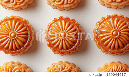 Mooncakes on light background top view, created with Generative AI technology 129044417