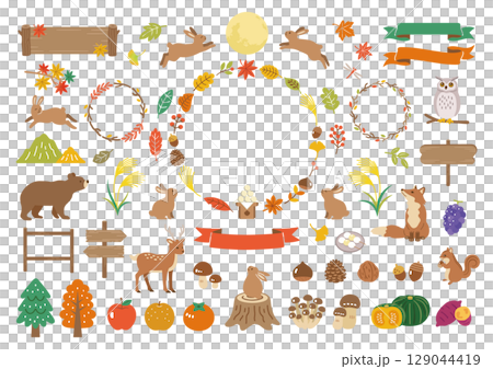 お月見と秋の動物のイラストセット お月見と秋の動物のイラストセット 129044419