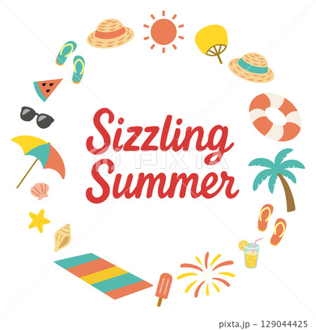 英語フレーズ入り夏のサークルフレーム（Sizzling Summer） 129044425