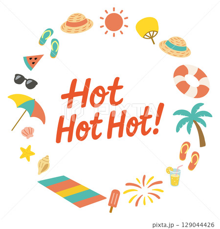 英語フレーズ入り夏のサークルフレーム（Hot Hot Hot!） 129044426