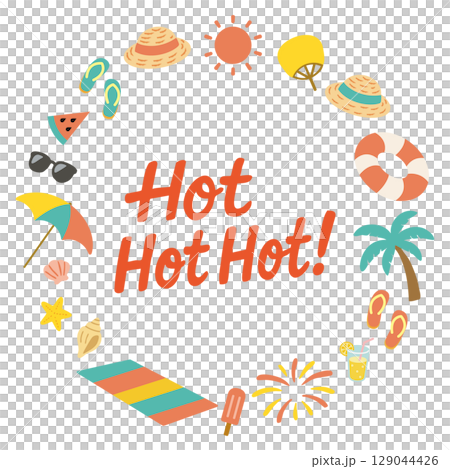 英語フレーズ入り夏のサークルフレーム（Hot Hot Hot!） 129044426