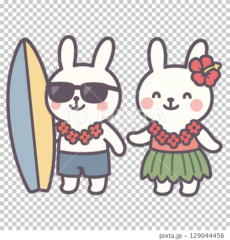 可愛的夏威夷風格兔子角色，享受夏日的熱帶插畫 129044456