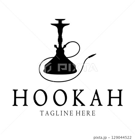 Vintage hookah, shisha or water pipe logo silhouette for club, bar,cafe,vape and shop. Vintage hookah, shisha or water pipe logo silhouette for club, bar,cafe,vape and shop. 129044522