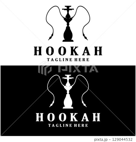 Vintage hookah, shisha or water pipe logo silhouette for club, bar,cafe,vape and shop. Vintage hookah, shisha or water pipe logo silhouette for club, bar,cafe,vape and shop. 129044532