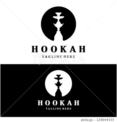 Vintage hookah, shisha or water pipe logo silhouette for club, bar,cafe,vape and shop. 129044533
