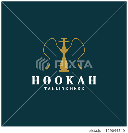 Vintage hookah, shisha or water pipe logo silhouette for club, bar,cafe,vape and shop. 129044540
