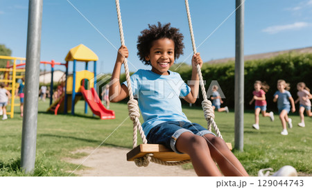 Smiling boy swinging at playground on sunny day while children run and play in the background, joyful childhood moment 129044743