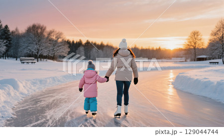 Mother and daughter ice skating on a winter path at sunset, holding hands and enjoying a peaceful snowy evening outdoors 129044744