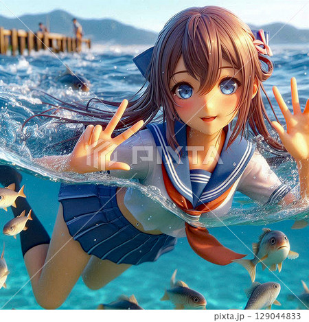 夏の海を楽しむセーラー服の女子高生[41] 129044833