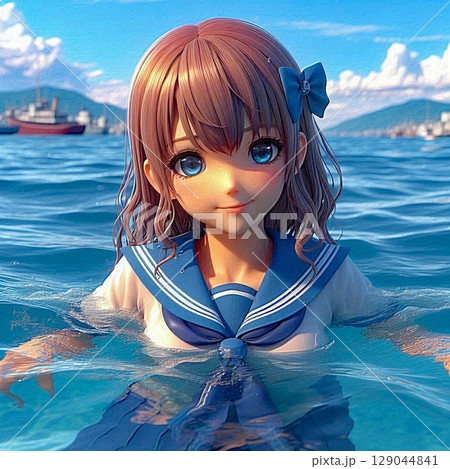 夏の海を楽しむセーラー服の女子高生[49] 129044841