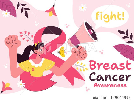 Breast Cancer Awareness Month Vector Illustration of Diverse Women with Pink Support Ribbon for Healthcare Campaign, Solidarity and Medical Prevention 129044998