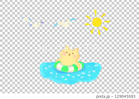 Cute watercolor illustration of a cat floating in the sea on a swim ring 129045083