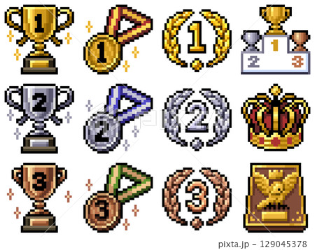 【12点セット】優勝アイコン素材セット（ドット絵・トロフィー・メダル・表彰ピクトグラム） 129045378