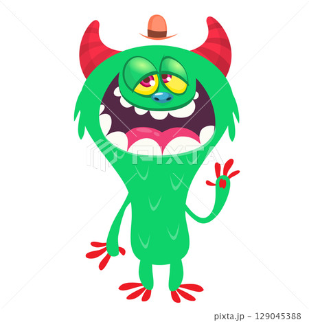Cartoon cute monster with funny excited face expression waving hands. Vector illustration isolated on white. Halloween design Cartoon cute monster with funny excited face expression waving hands. Vector illustration isolated on white. Halloween design 129045388