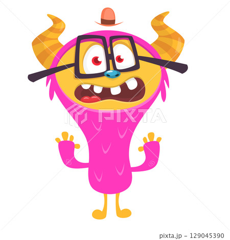 Cartoon cute monster with funny excited face expression waving hands. Vector illustration isolated on white. Halloween design 129045390