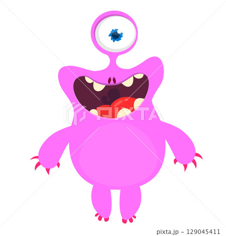 Cartoon cute monster with funny excited face expression waving hands. Vector illustration isolated on white. Halloween design Cartoon cute monster with funny excited face expression waving hands. Vector illustration isolated on white. Halloween design 129045411