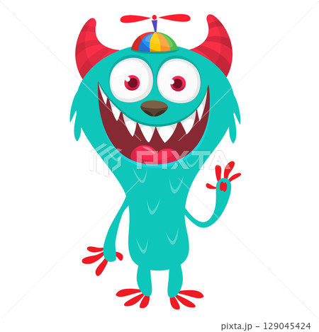 Cartoon cute monster with funny excited face expression waving hands. Vector illustration isolated on white. Halloween design Cartoon cute monster with funny excited face expression waving hands. Vector illustration isolated on white. Halloween design 129045424