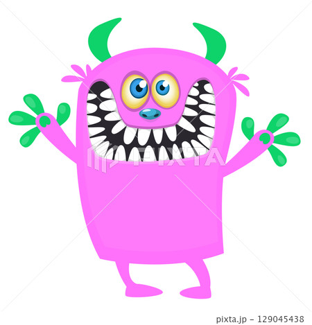 Cartoon cute monster with funny excited face expression waving hands. Vector illustration isolated on white. Halloween design Cartoon cute monster with funny excited face expression waving hands. Vector illustration isolated on white. Halloween design 129045438