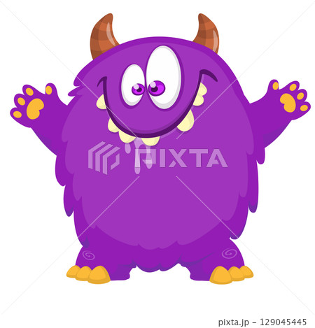 Cartoon cute monster with funny excited face expression waving hands . Vector illustration isolated on white. Halloween design 129045445