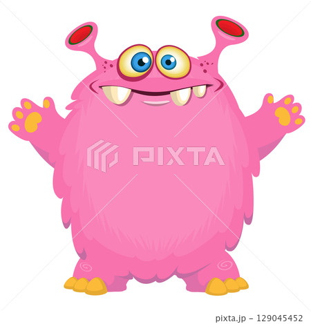 Cartoon cute monster with funny excited face expression waving hands . Vector illustration isolated on white. Halloween design 129045452