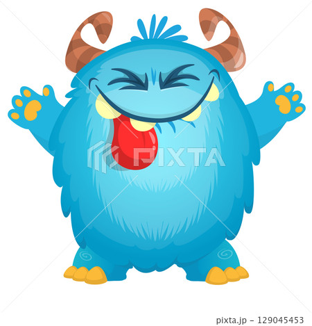 Cartoon cute monster with funny excited face expression waving hands . Vector illustration isolated on white. Halloween design 129045453
