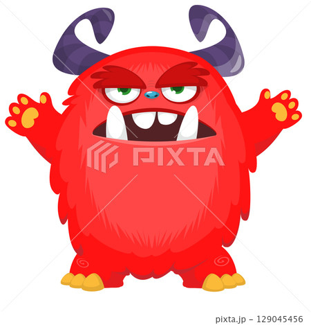 Cartoon cute monster with funny excited face expression waving hands . Vector illustration isolated on white. Halloween design Cartoon cute monster with funny excited face expression waving hands . Vector illustration isolated on white. Halloween design 129045456
