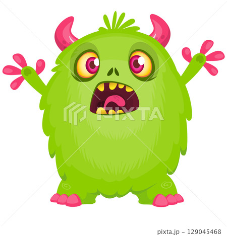 Cartoon cute monster with funny excited face expression waving hands . Vector illustration isolated on white. Halloween design 129045468