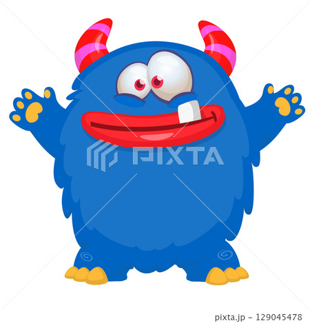 Cartoon cute monster with funny excited face expression waving hands . Vector illustration isolated on white. Halloween design Cartoon cute monster with funny excited face expression waving hands . Vector illustration isolated on white. Halloween design 129045478