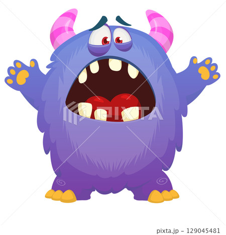 Cartoon cute monster with funny excited face expression waving hands . Vector illustration isolated on white. Halloween design 129045481