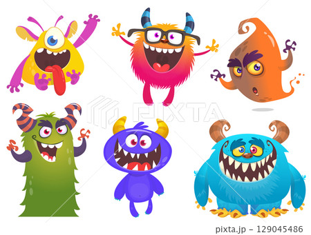Funny cartoon monsters with different face expressions. Set of cartoon vector happy monsters characters. Halloween design for party decoration,  package design 129045486