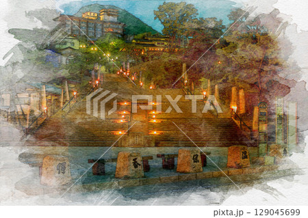 伊香保温泉　石段　水彩画風 129045699