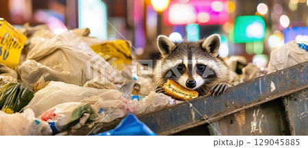 Mischievous raccoon enjoys a sandwich in a bustling urban dumpster at night Mischievous raccoon enjoys a sandwich in a bustling urban dumpster at night 129045885