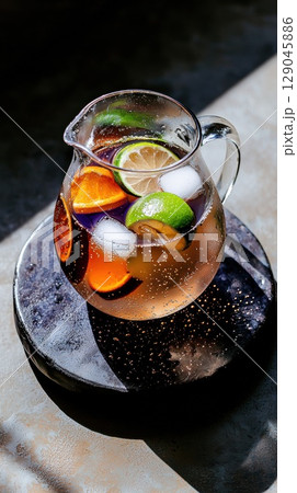Chilled pitcher of fruit infused sassy water in an intimate, moody setting Chilled pitcher of fruit infused sassy water in an intimate, moody setting 129045886