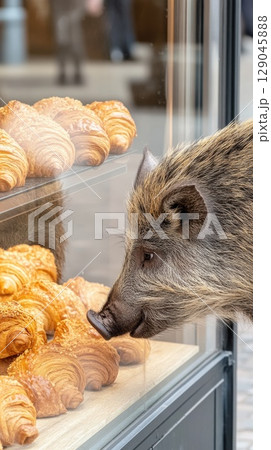 Wild boar curiously explores a bakery storefront filled with golden croissants 129045888
