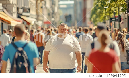 Urban crowd highlights obesity and junk food issues on a bustling city street 129045905