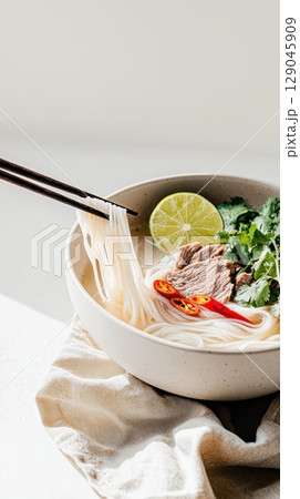 Steaming bowl of Vietnamese pho with fresh herbs and tender beef slices Steaming bowl of Vietnamese pho with fresh herbs and tender beef slices 129045909